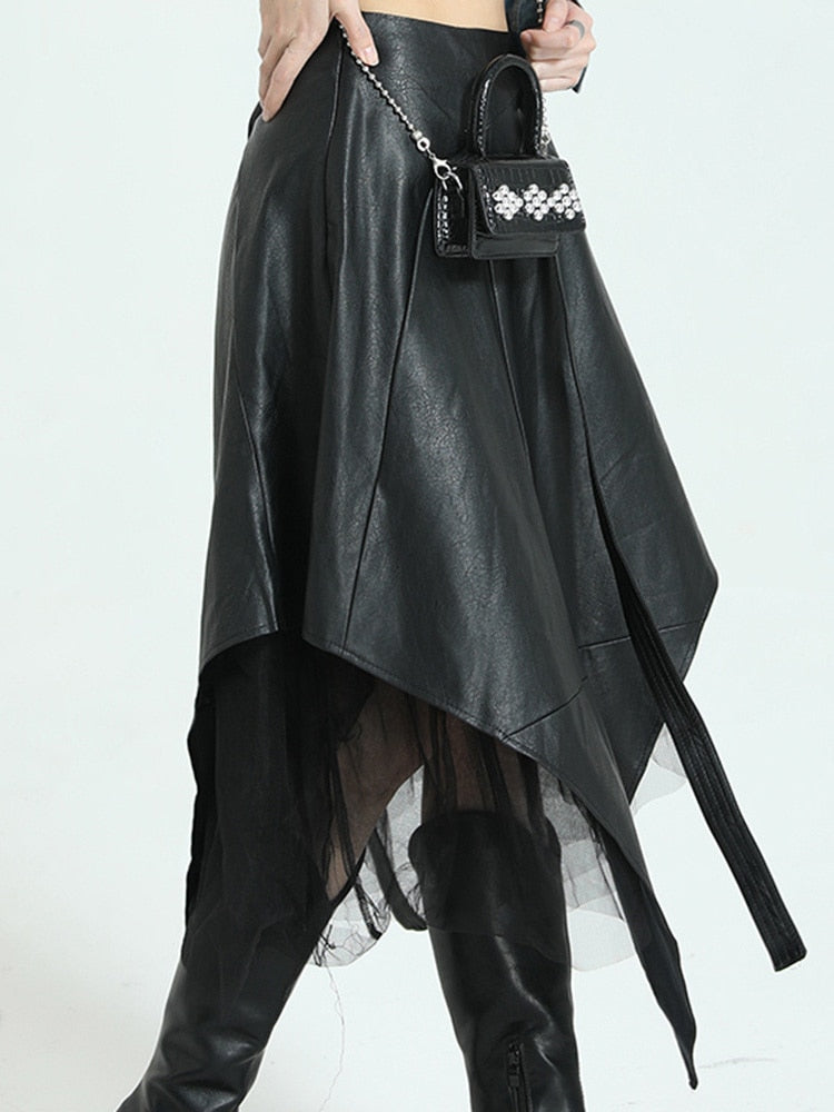 Women's PU Leather Patchwork Mesh High Waist Long Skirt