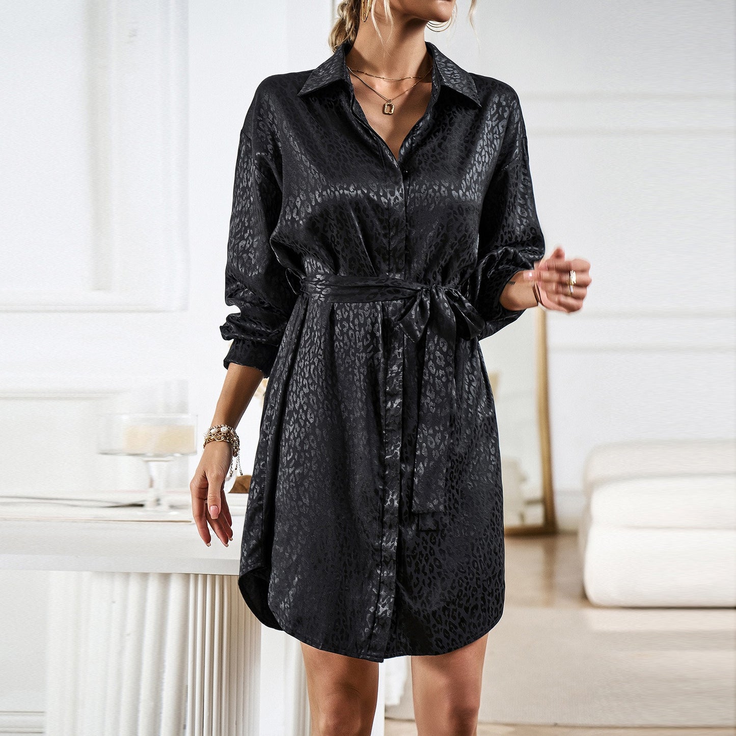 Women's Solid Leopard Print Long Sleeve Shirt Dress