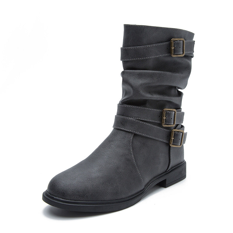 Women's Calf Boots Round Head Flat Heel Motorcycle Boots