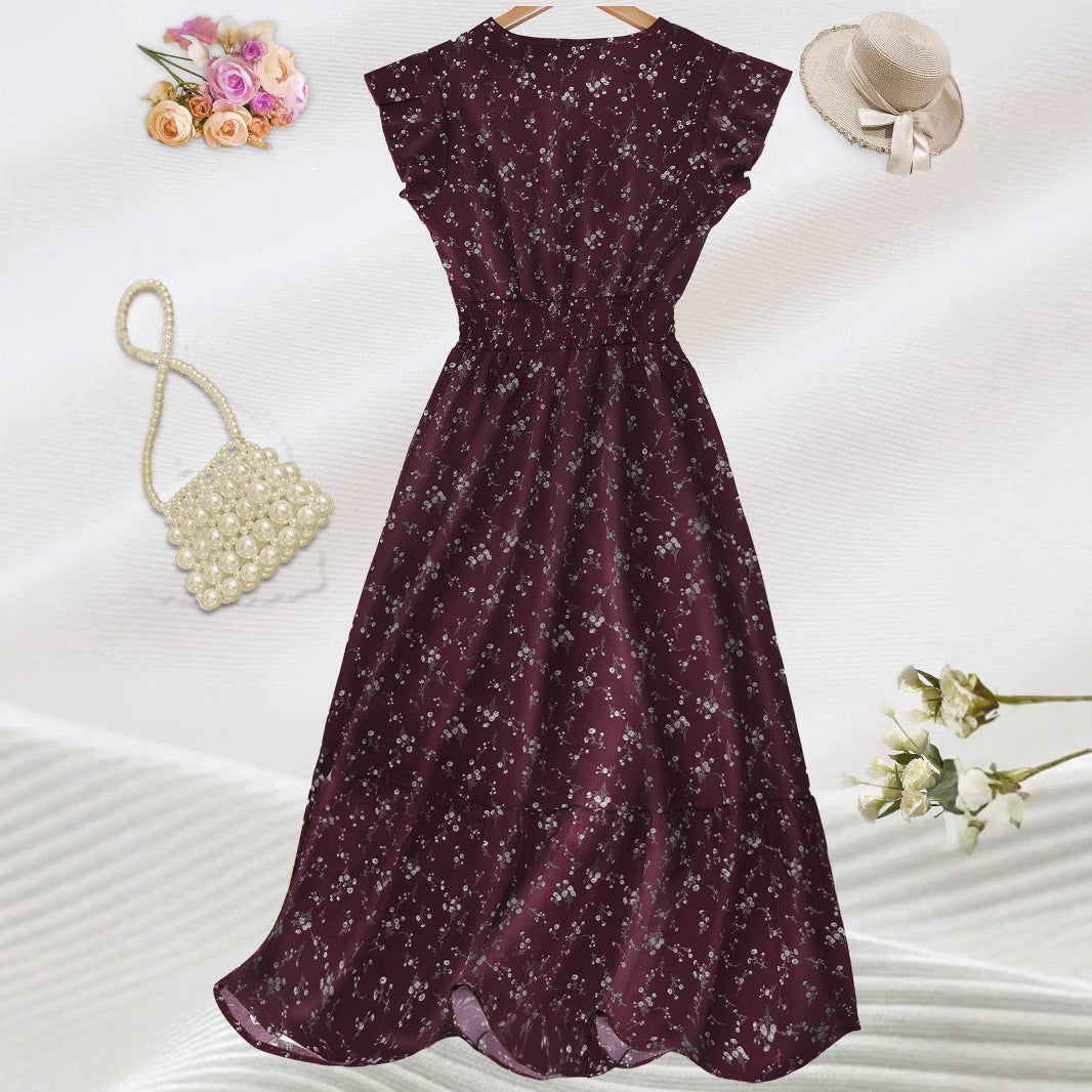 Women's Wine Floral Short Sleeve Elastic Waist Dress