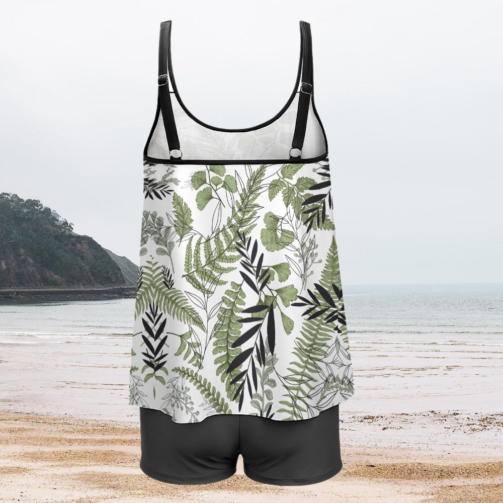 TABOO TIDE Plus Size Women's Fern Leaf Print Long Top And Shorts Two Piece Swimwear