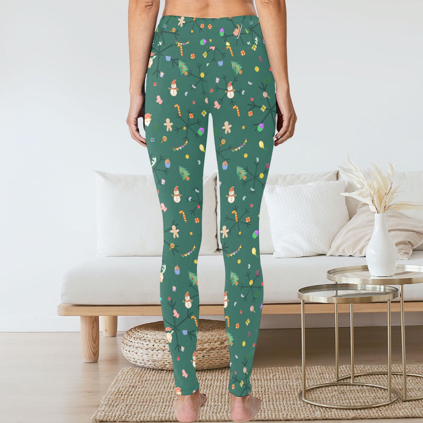 Women's Green Christmas Theme All-over Print Reindeer Snowman Leggings