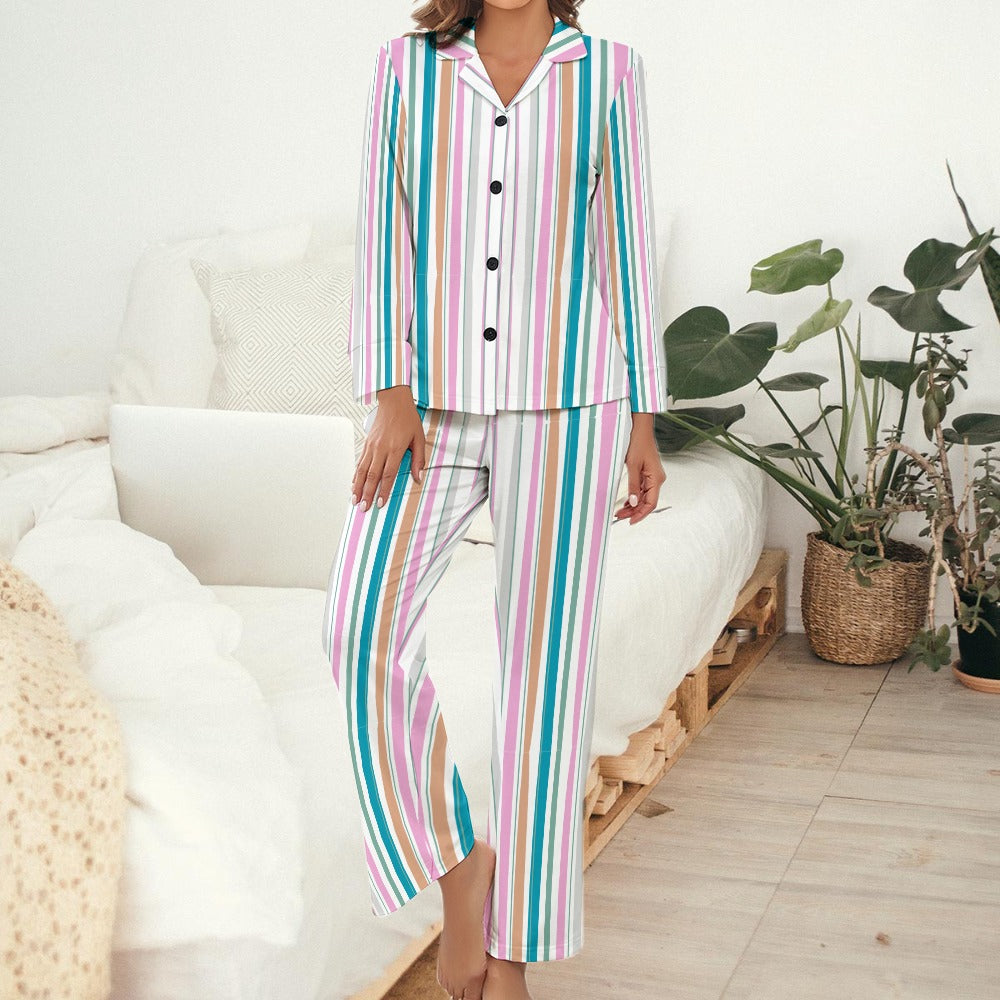 Women's Striped Print Pyjamas 2pc Set Long Sleeve Button Front Top and Full Length Trouser Bottoms Casual Fashion Loungewear Sleepwear