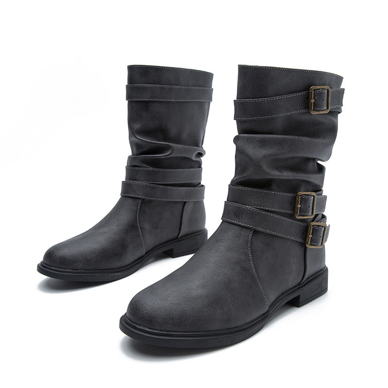 Women's Calf Boots Round Head Flat Heel Motorcycle Boots