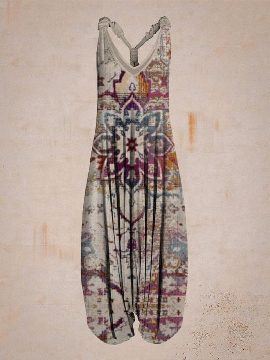 Women's Hippie Style Print Loose Wide Leg Sleeveless Racer Back Jumpsuit