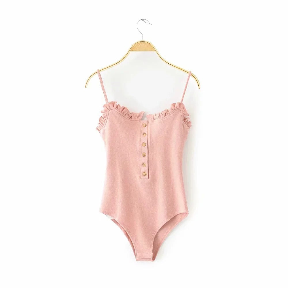 Women's Cotton Frilled Edge Button Detail Front Spaghetti Strap Bodysuit