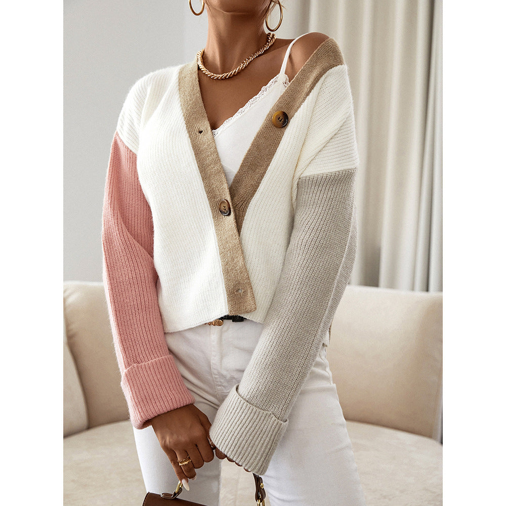 Women's Colour Block Knit Cardigan Loose Short Button Front V-Neck