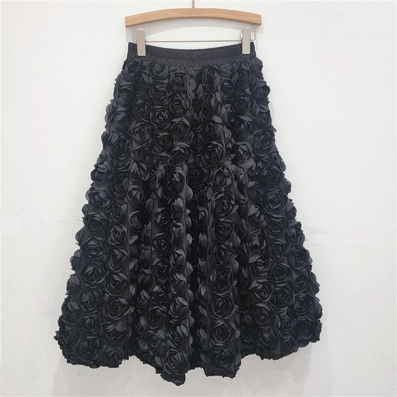 Women's Flower Rose Bud Embossed 3D Flare Midi Skirt