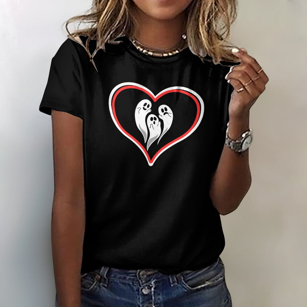 Women's Ghost Love Heart Halloween Print T-shirt Cotton Round Neck Short Sleeve Casual Fashion Tee