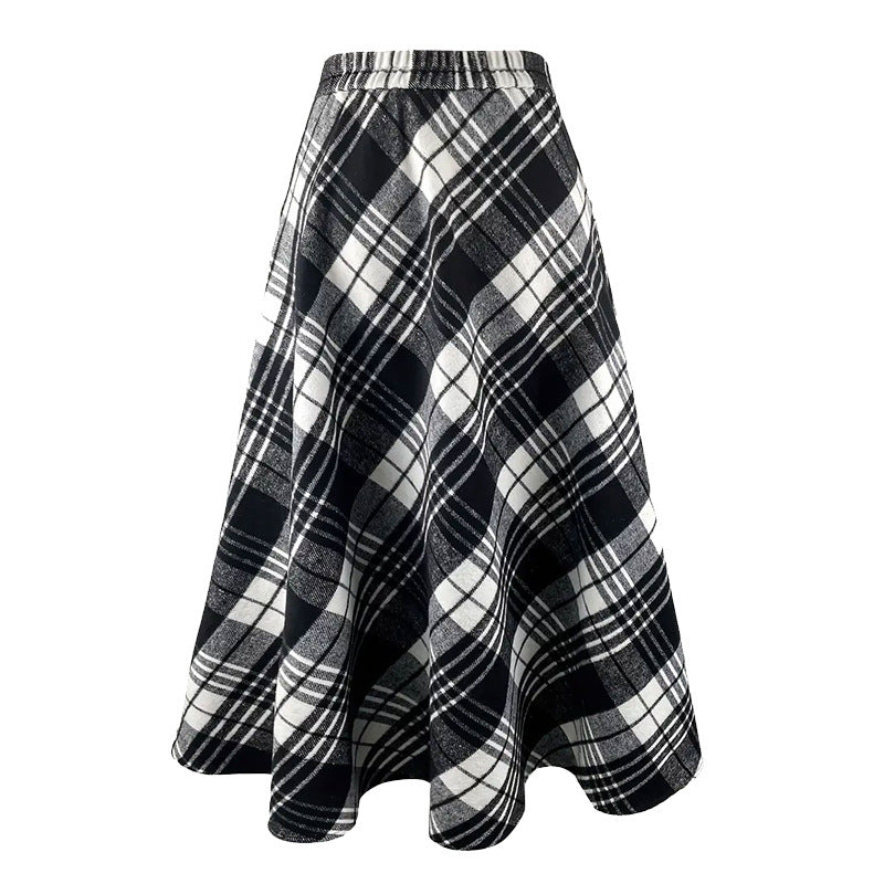 Women's Black and White Plaid Tweed Style Skirt Maxi Length A-line Flare with Pockets