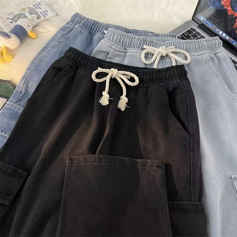 Women's Denim Combat Style Wide Leg Jeans with Elastic Drawstring Waist