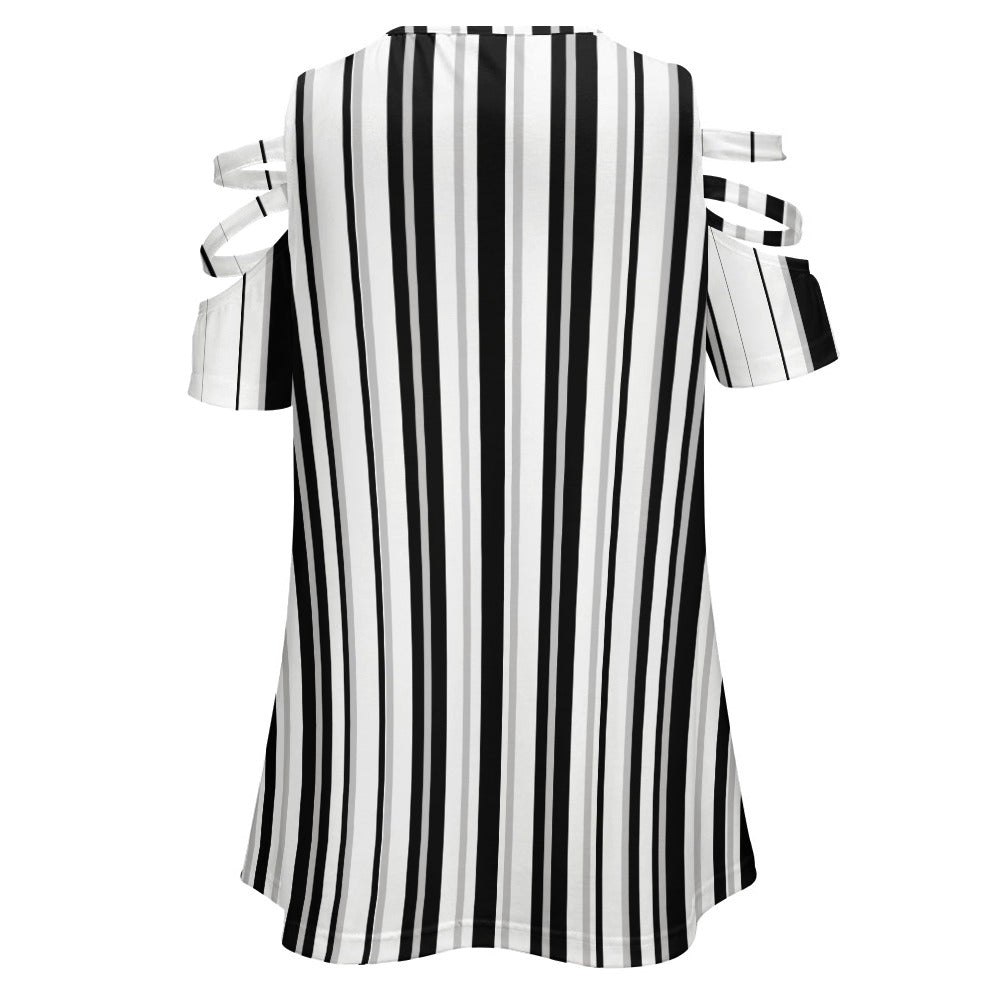 Women's Monochrome Striped Front Zip Cut Out Off Shoulder Blouse Top T-shirt Casual Fashion Black White