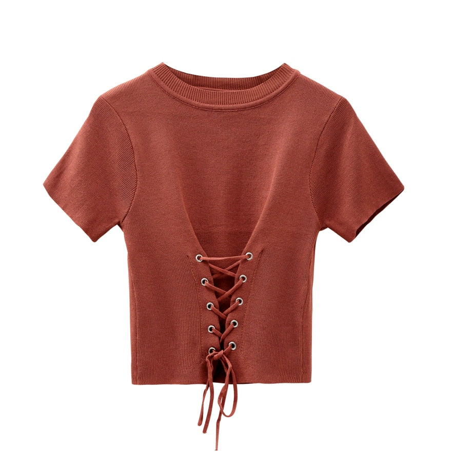 Women Knitted Solid Colour Top Short Sleeve Lace Up Cropped T-shirt
