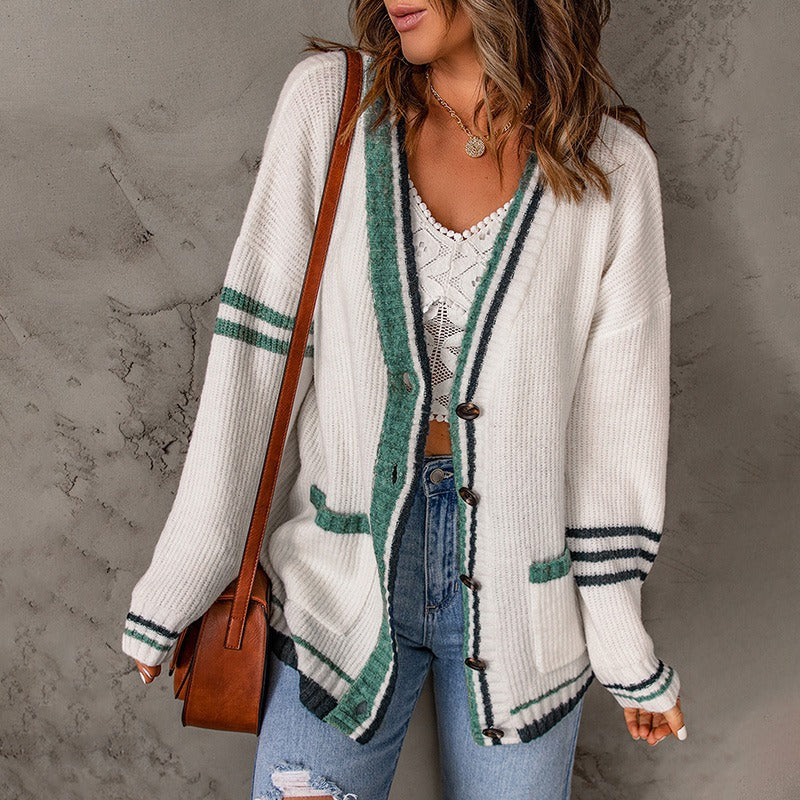 Women's Colour Contrast Edge Knit Cardigan Long Sleeve Button Front V-Neck
