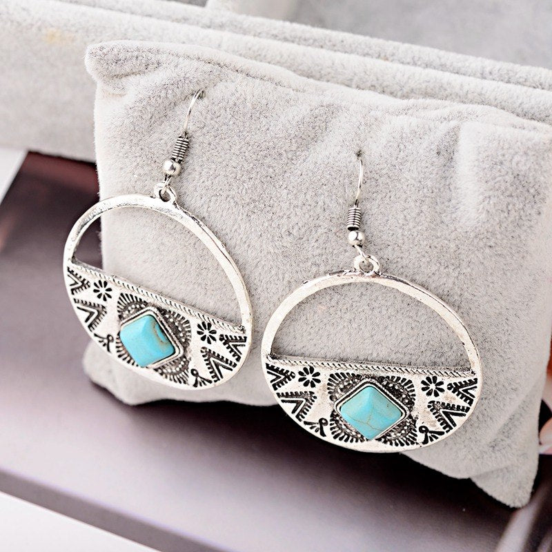 Women's Bohemian Gypsy Faux Turquoise Round Carved Earrings