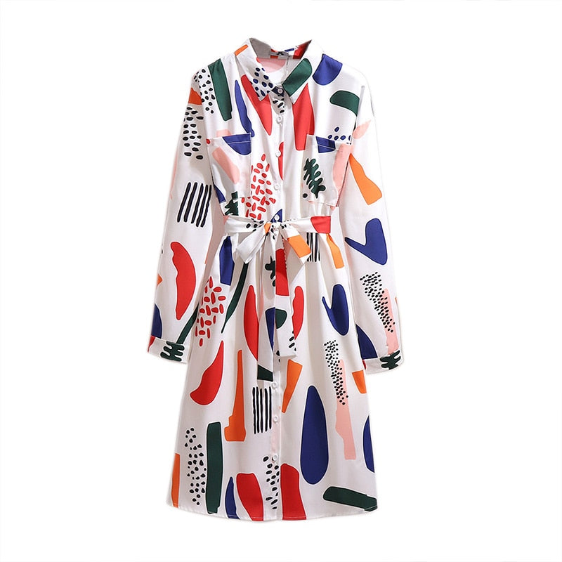 Women's Plus Size Graphic Print Midi Shirt Dress Long Sleeve Belt Tie Waist Button Front