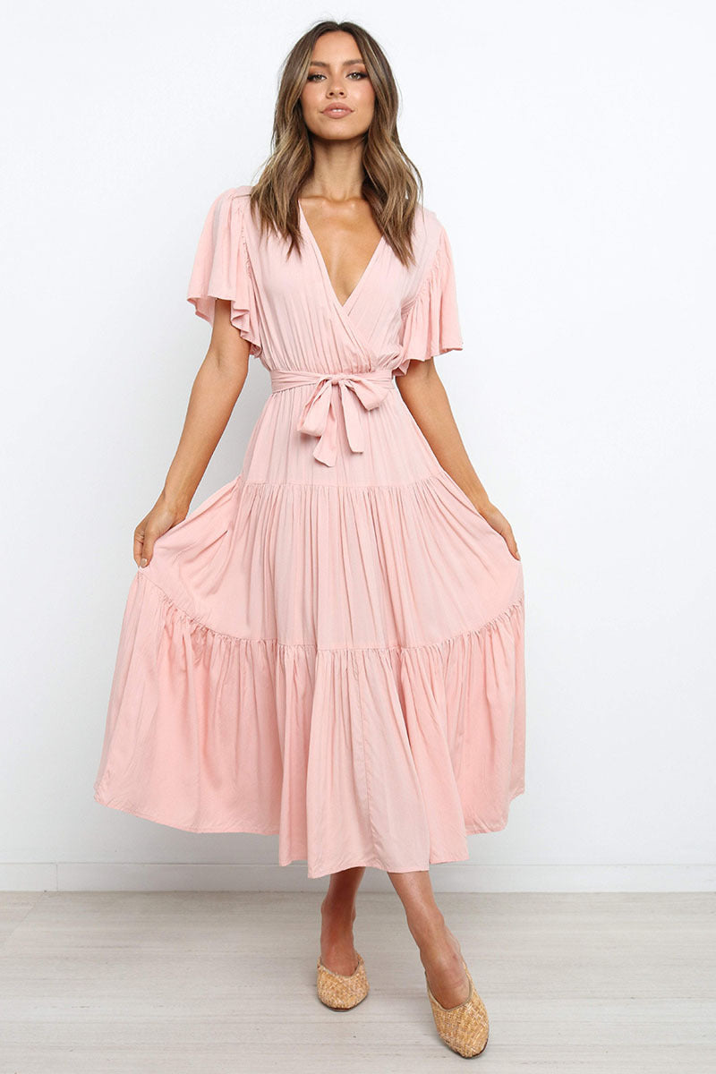 Women's Bohemian Solid Colour V-neck Tie Belt Waist Batwing Short Sleeve Dress