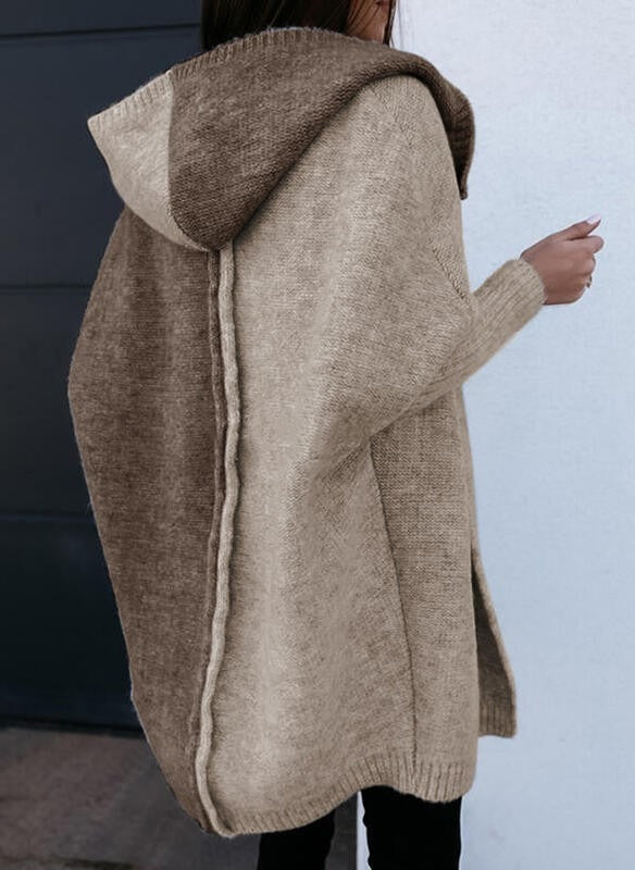 Women's Colour Block Hooded Knitted Open Cardigan Medium Length Long Sleeve Winterwear