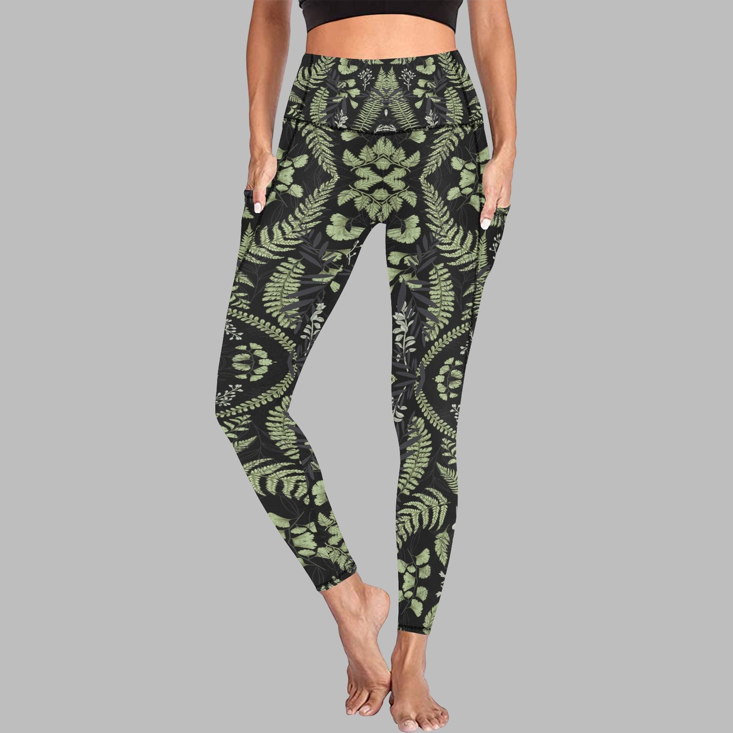Women's Black Green Leaf Print Leggings with Pockets