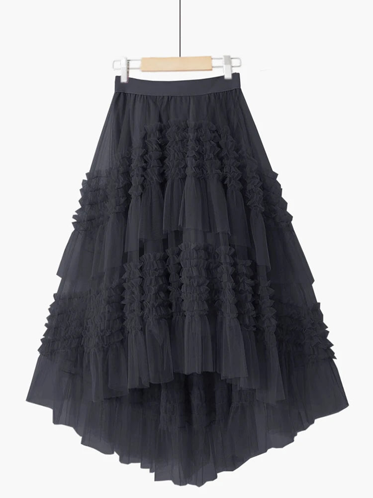 Women's Bohemian Style Ruffle Layered Scalloped Front Mesh Midi Skirt