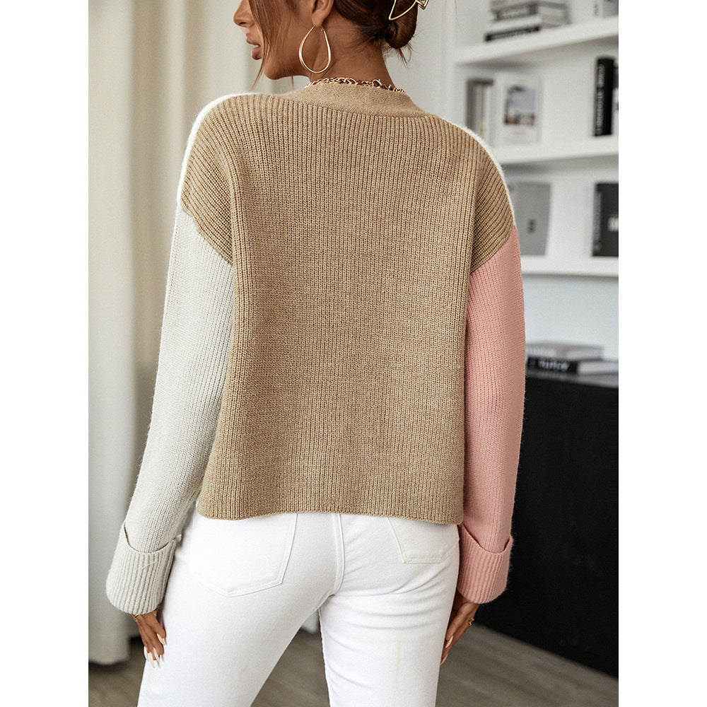 Women's Colour Block Knit Cardigan Loose Short Button Front V-Neck
