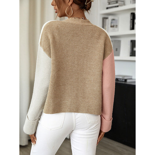 Women's Colour Block Knit Cardigan Loose Short Button Front V-Neck