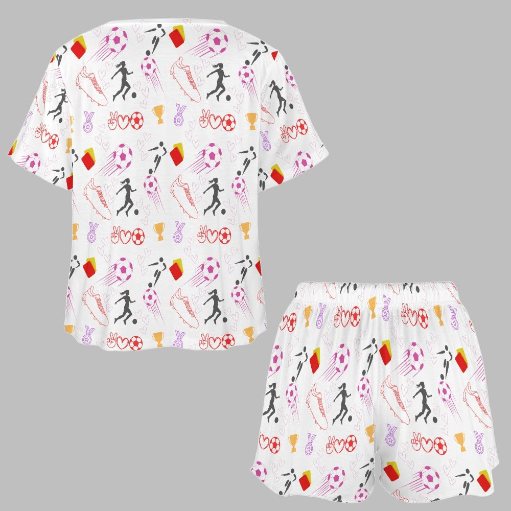 Women's Football Print Two Piece Shorts and T-shirt Pyjamas Set