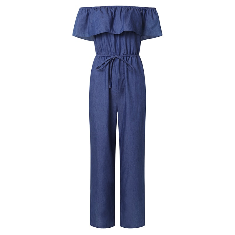 Women's Plus Size Denim Style Fitted Bardot With Pockets Jumpsuit