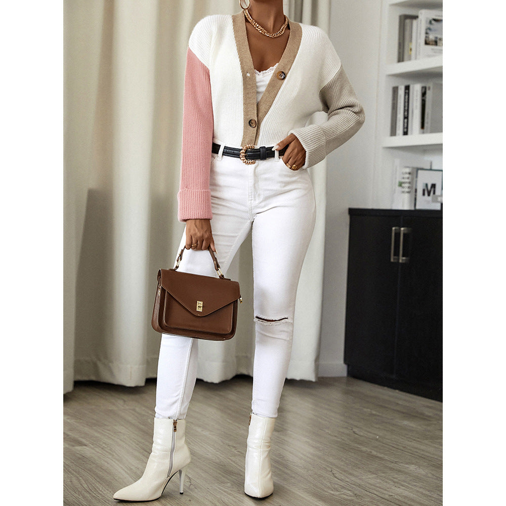 Women's Colour Block Knit Cardigan Loose Short Button Front V-Neck