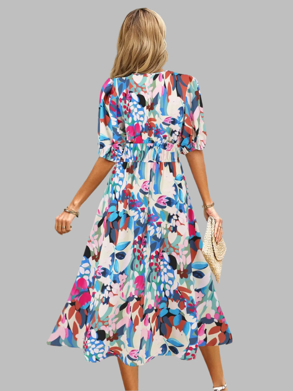 Women's Ruched Floral Print Flare Midi Dress