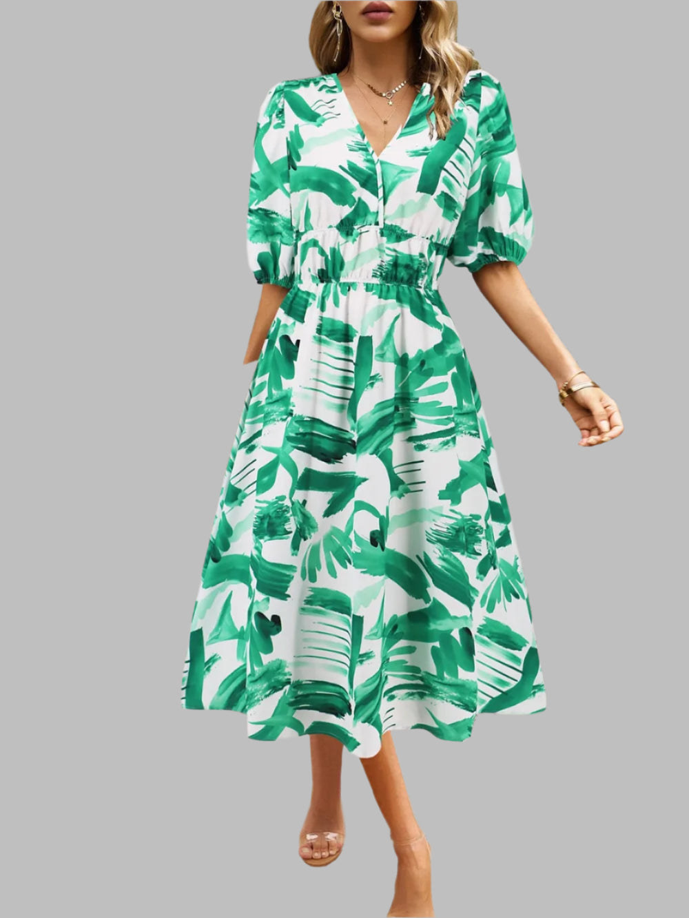 Women's Ruched Floral Print Flare Midi Dress