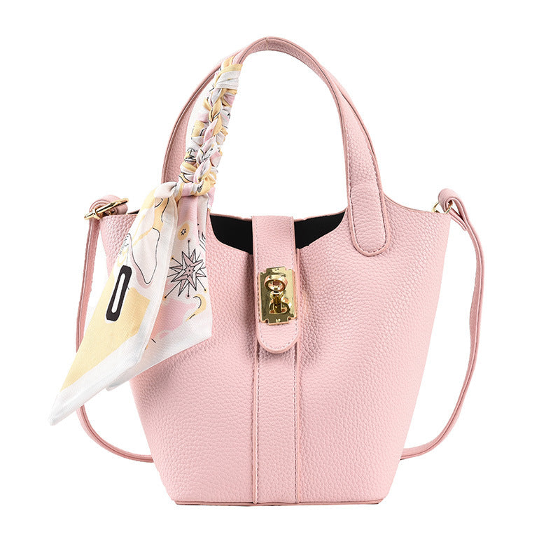 Women's Shoulder Handbag Lock Buckle Silk Scarf New Lychee Pattern Small Fresh Messenger Bucket Bag PU Leather