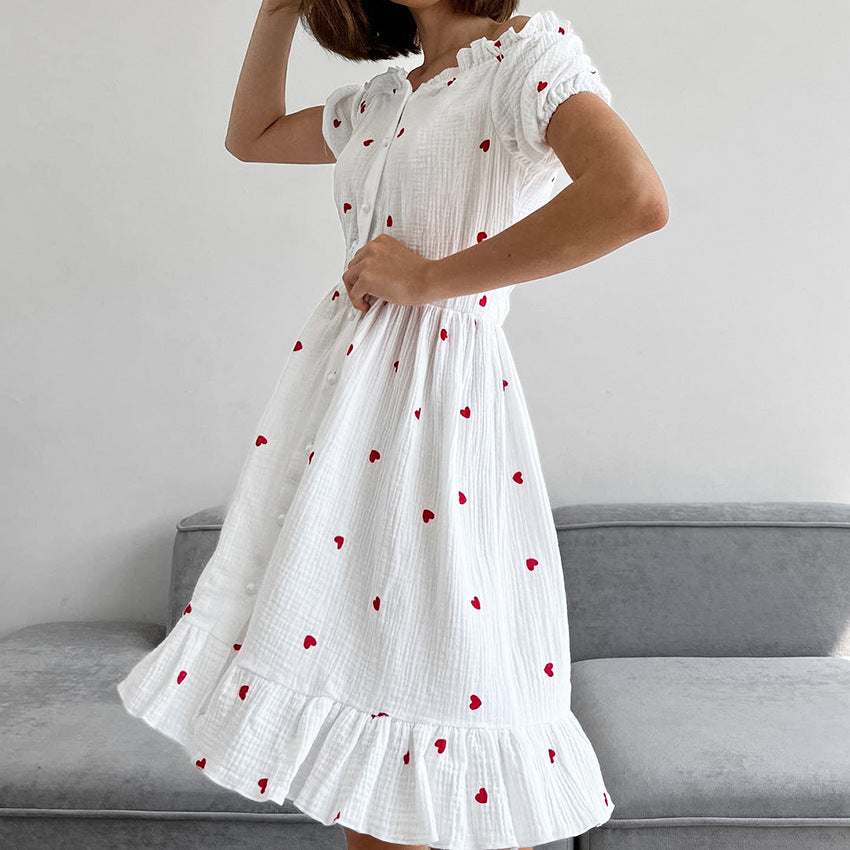 Women's Love Heart Print Off Shoulder Button Front Short Dress