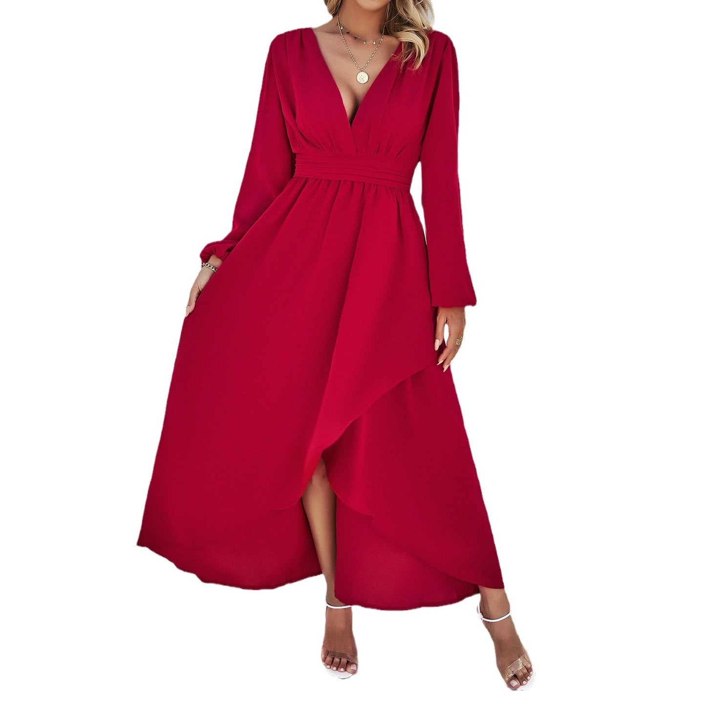 Women's Solid Colour Dress Fitted Waist Long Sleeve V-Neck Flared Maxi Elegant Fashion