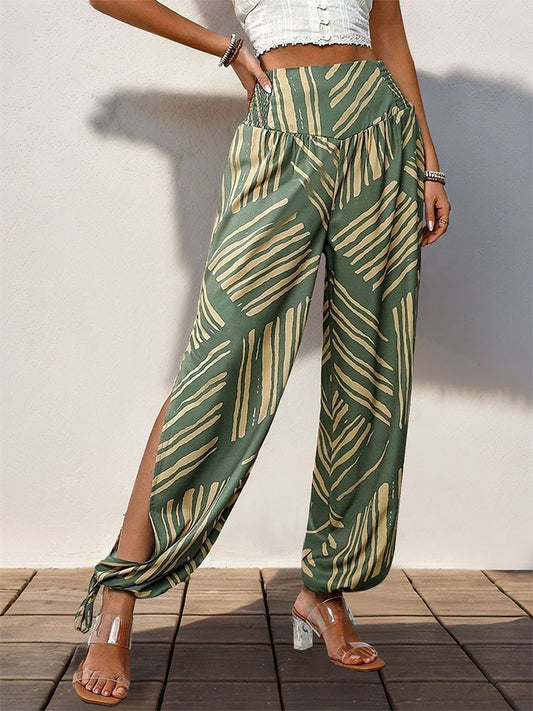 Women's Bohemian Style Green Split Leg Ankle Tie High Waist Harem Trousers
