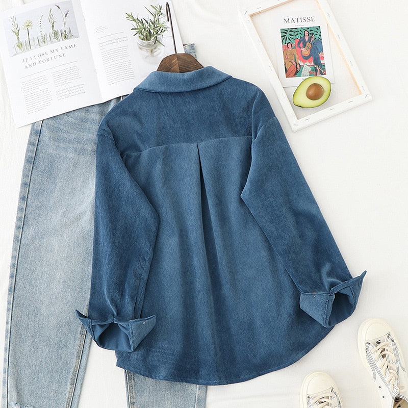 Women's Corduroy Shirt Long Sleeve Button Front Loose Fit Pocket Blouse