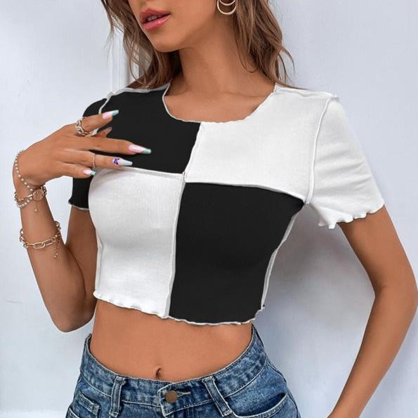 Women's Contrast Two Tone Colour Block Crop T-shirt