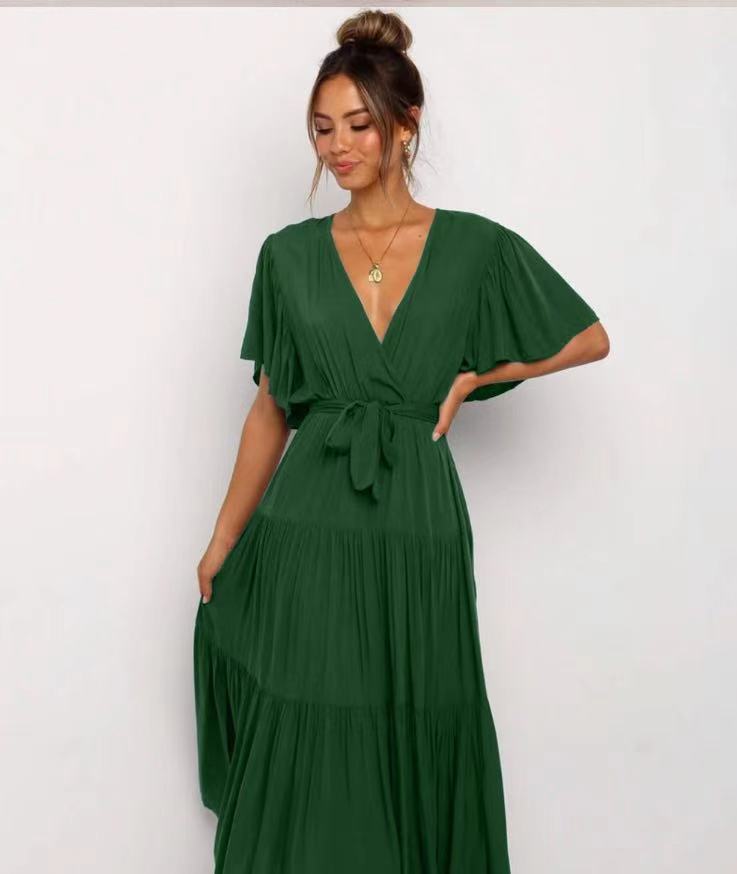 Women's Bohemian Solid Colour V-neck Tie Belt Waist Batwing Short Sleeve Dress