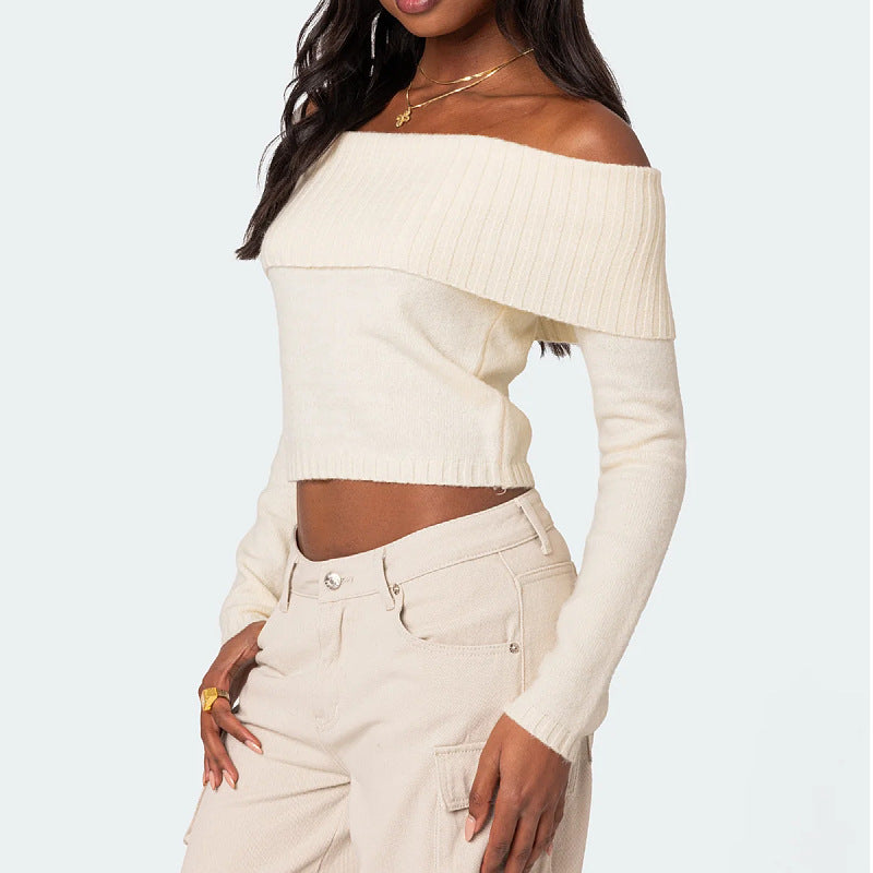 Women's Solid Colour Bardot Off Shoulder Long Sleeve Knit Jumper