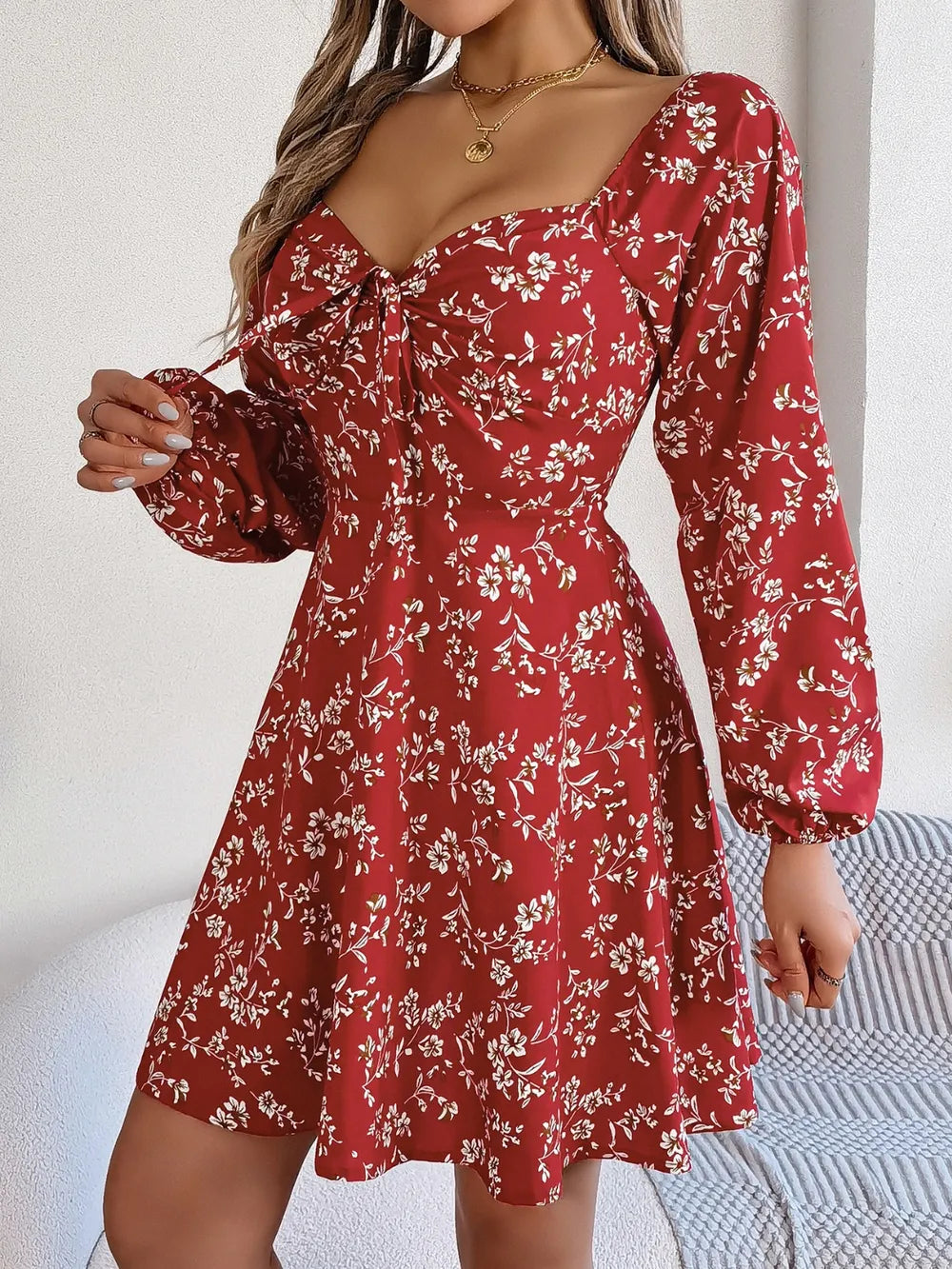 Women's Floral Print Sweetheart Neck Long Sleeve Mini Dress