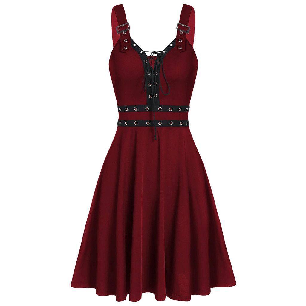 Women's Gothic Punk Panelled Lace-Up Detailed Skater Dress