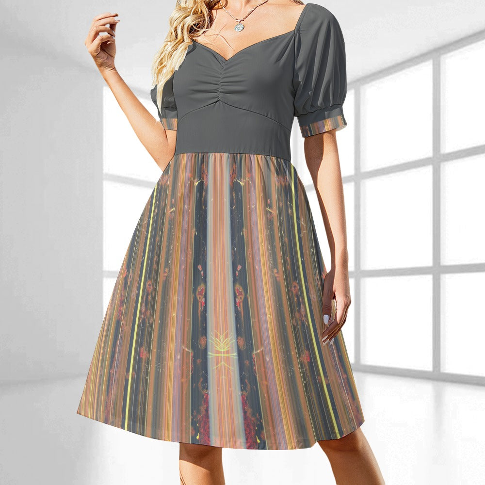Women's Stripe Print Sweetheart Neck Fitted Midi Dress