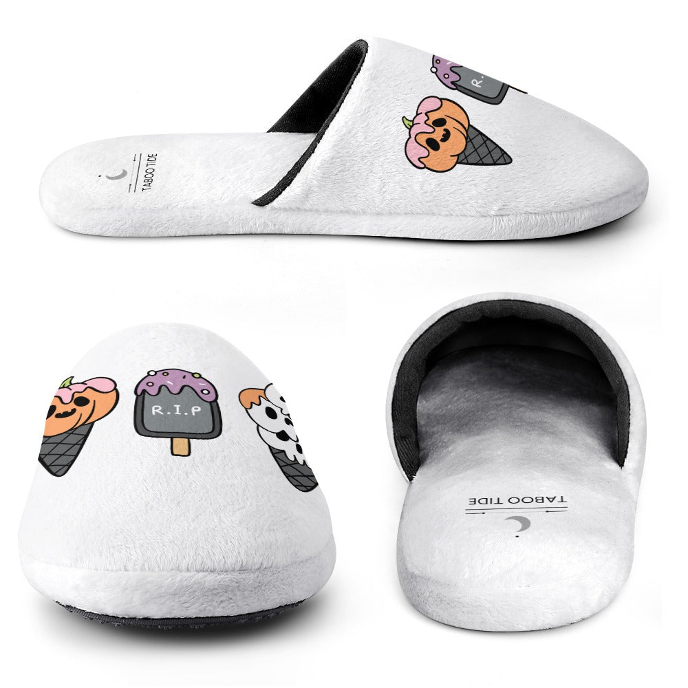 Women's Pumpkin Ghost Ice-Cream Print Cotton Flannel Slippers