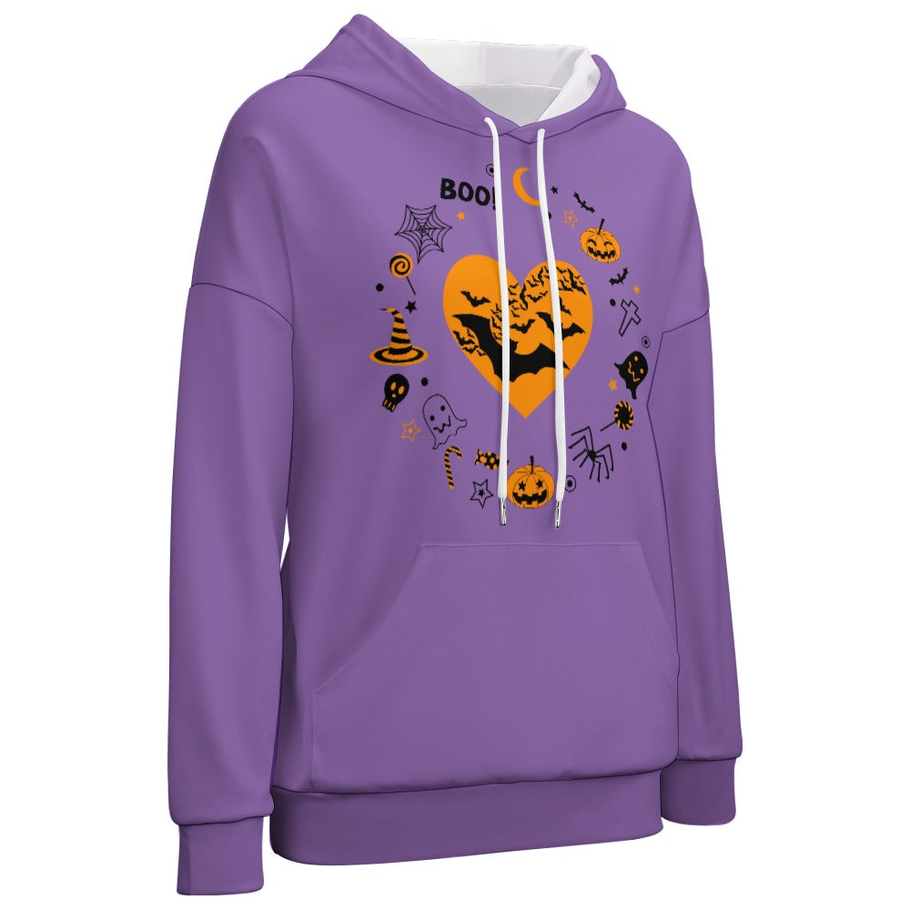 Women's Pumpkin Bat Ghost Halloween Print Dropped Shoulder Hoodie