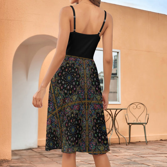 Women's Patchwork Print Strappy Top Midi Length Dress Casual Comfortable Fashion Black Multicolour