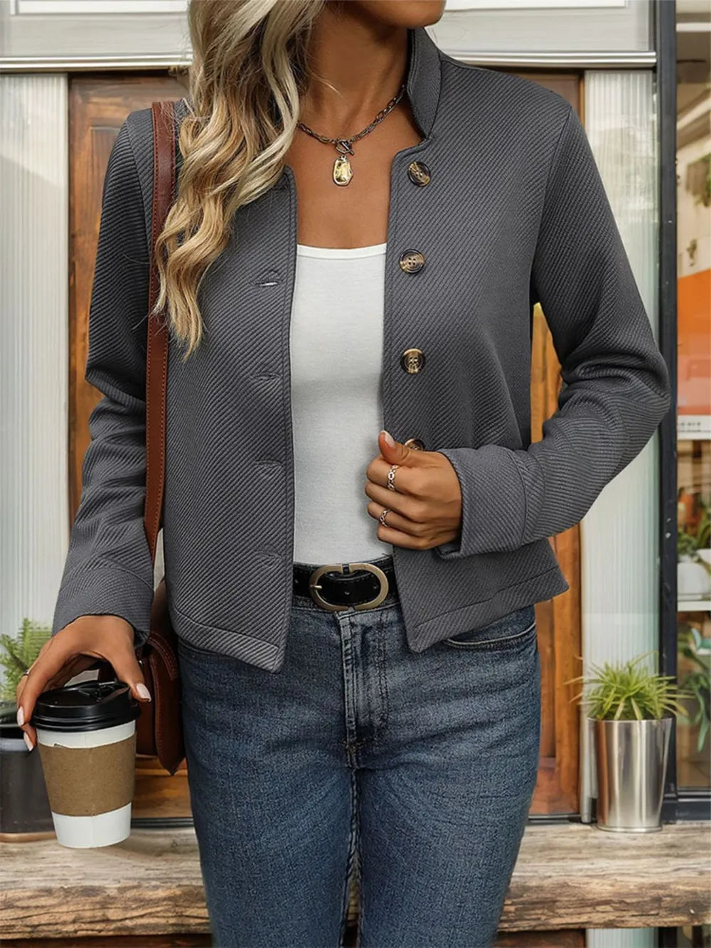 Women's Grey Textured Button Front Short Jacket