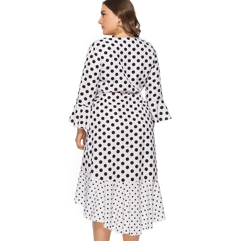 Women's Plus Size Polka Dot Wrap Dress Long Sleeve V-Neck Knee Length