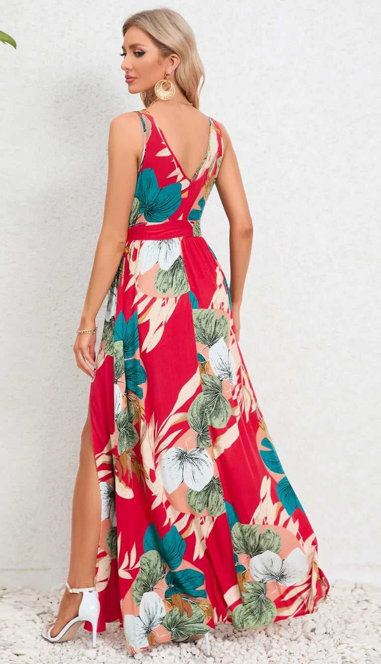 Women's Floral Print V Neck Tie Waist Split Leg Maxi Dress