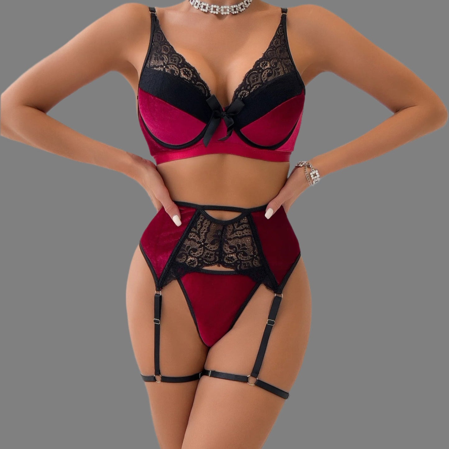 Women's Lace and Faux Velvet Sexy Bra Suspender Belt and Knickers 3 Piece Lingerie Set