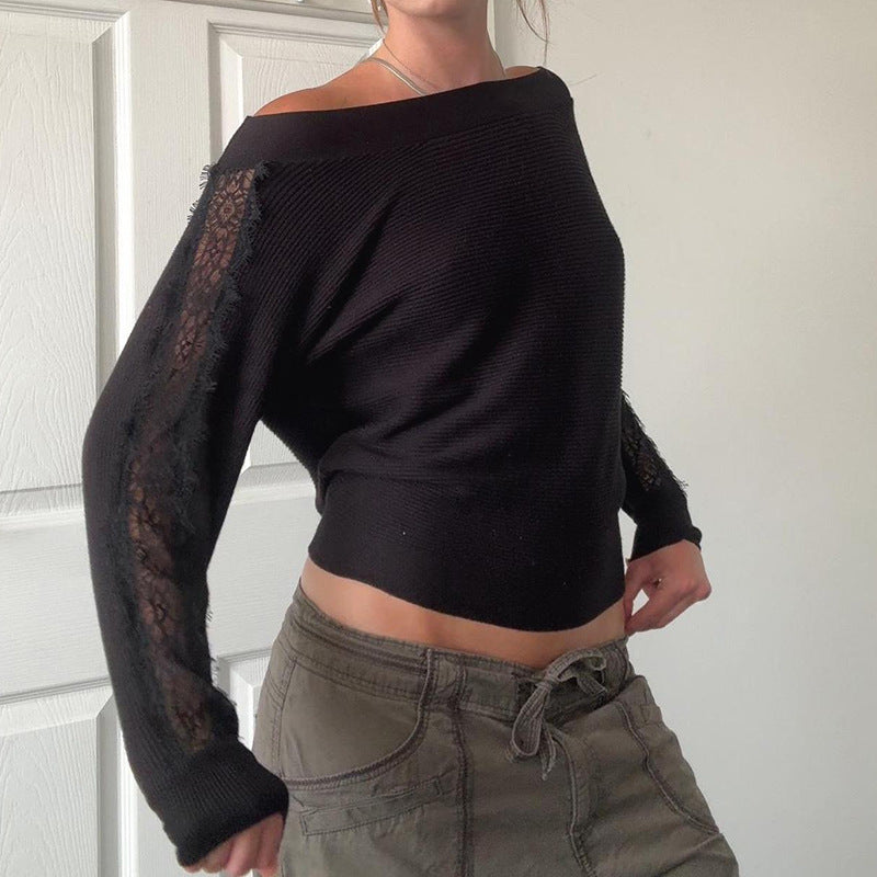 Women's Black Off Shoulder Lace Sleeve Knit Jumper